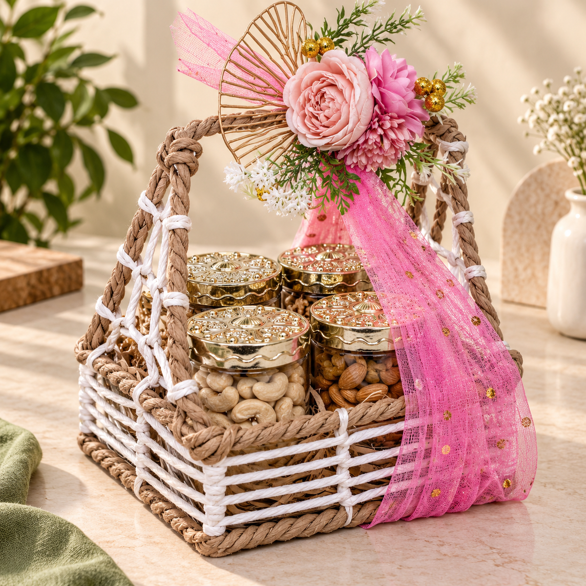 Floral basket with 4 premium dry-fruit jars